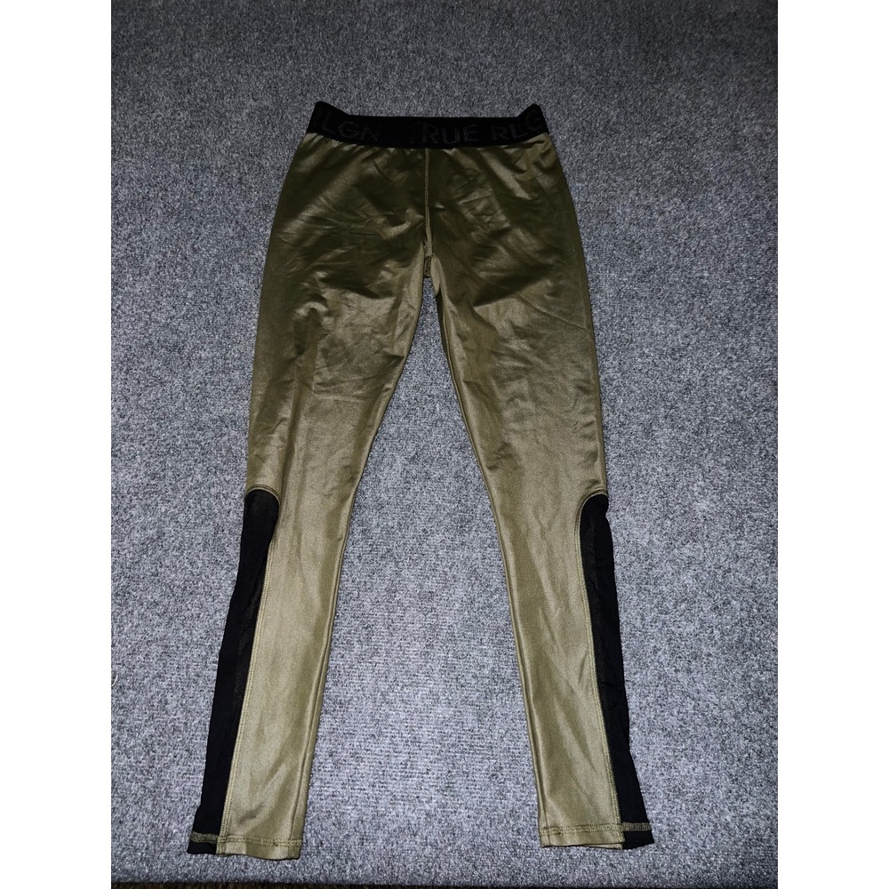 True Religion Womens Active Leggings Olive Green Metallic Mesh Size M Medium